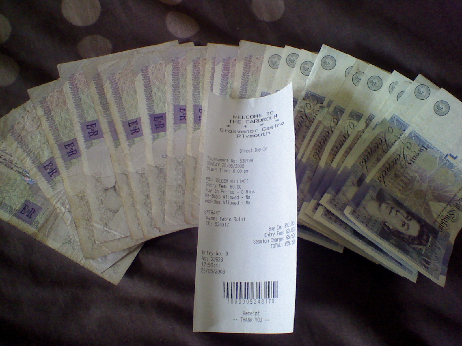 Grosvenor Casino (Plymouth) - First prize for the £50+5.50 freeze-out NLHE tournament of Sunday 25th May